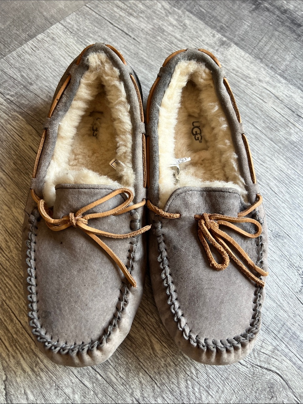 UGG Men’s Gray Suede Shearling-Lined Moccasin Loafers with Tan Laces